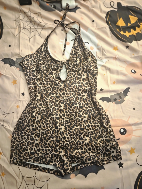 SHEIN Pants - SHEIN Leopard Print Halter Romper in Brown & Black